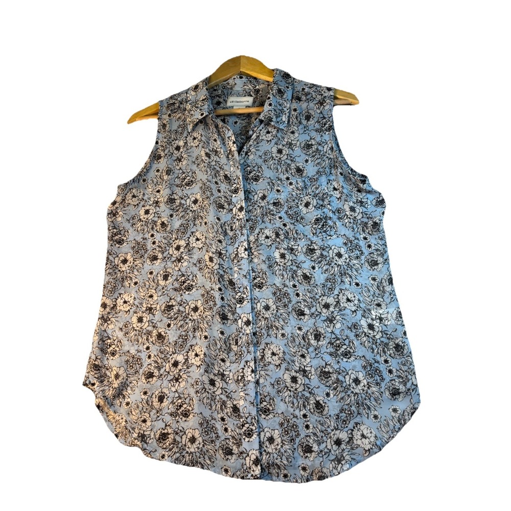 Liz Claiborne Sleeveless Button Up Blue Floral Sheer Chiffon  Top Blouse Medium